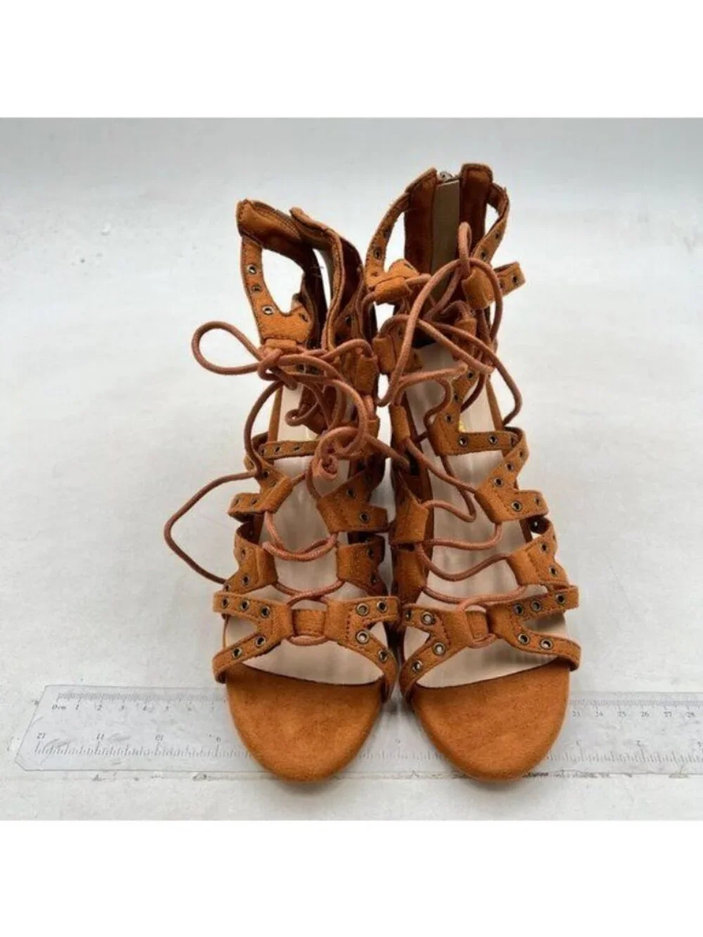 XYD Women Gladiator Caged Block Heel Sandals Open Toe Grommets Straps Brown